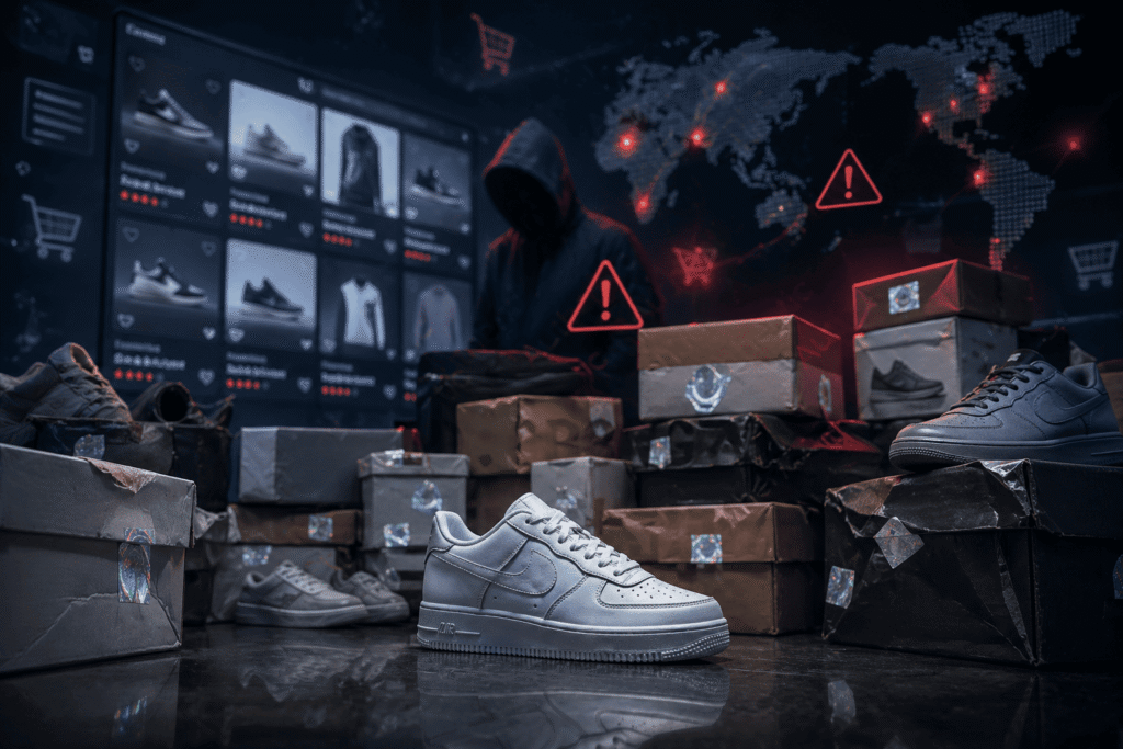 Visual perbandingan produk fashion asli dan barang counterfeit di marketplace Indonesia