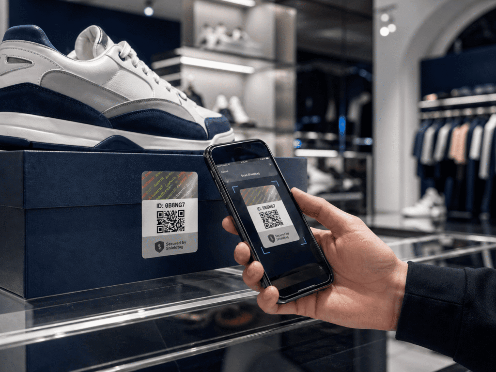 Konsumen memeriksa keaslian sneaker menggunakan smartphone dan sistem verifikasi produk