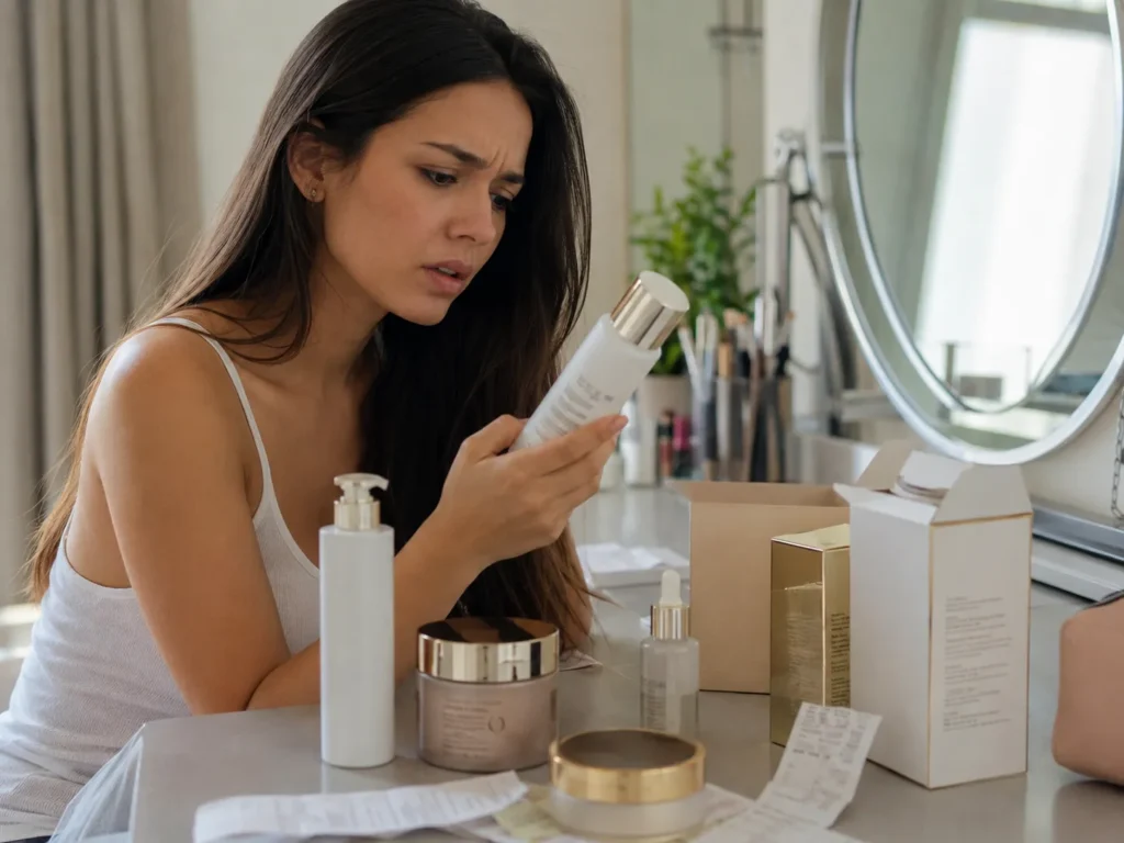 Perbandingan produk kecantikan asli dan palsu dengan kemasan yang terlihat mirip