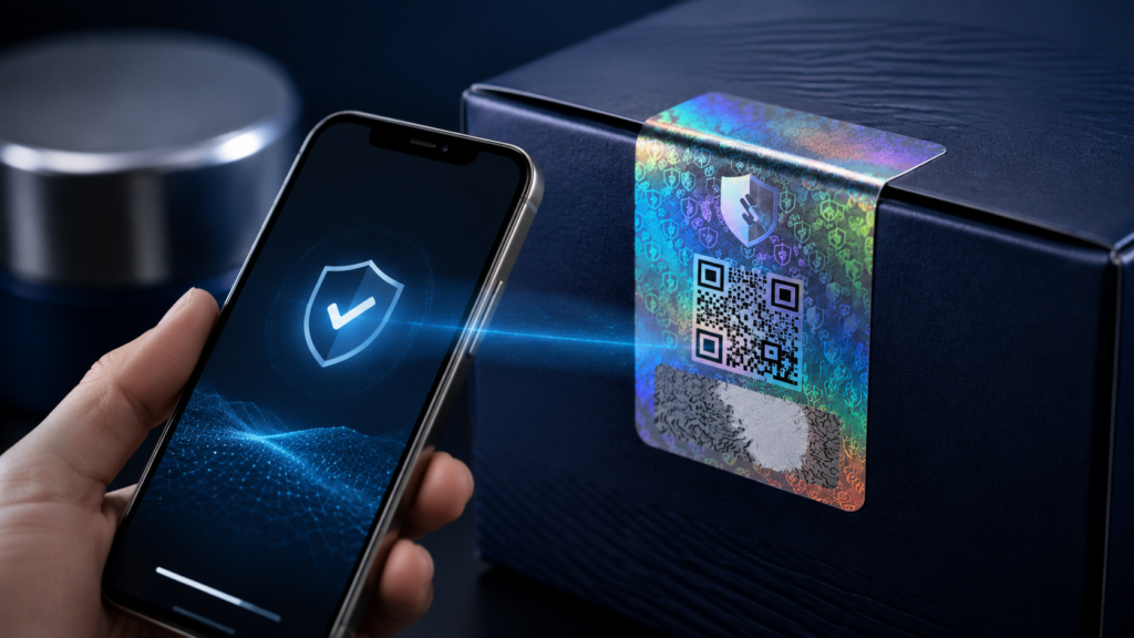 Tiga lapisan keamanan hologram stiker pintar: ID unik, QR unik, dan PIN unik dengan scratch layer