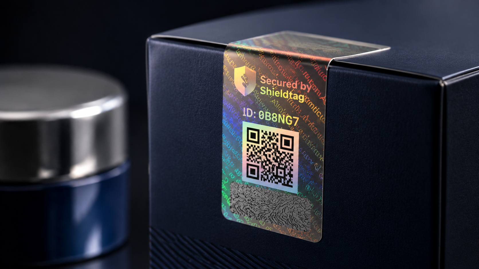 Hologram stiker pintar Shieldtag terpasang pada kemasan produk sebagai perlindungan anti-pemalsuan