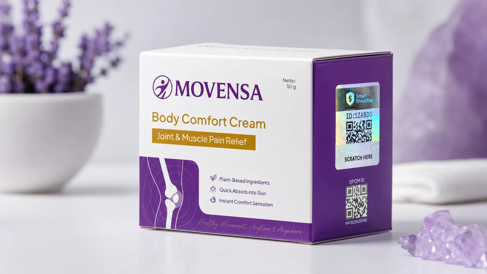 MOVENSA Body Comfort Cream 50g kemasan produk pereda nyeri otot dan sendi dengan bahan plant-based