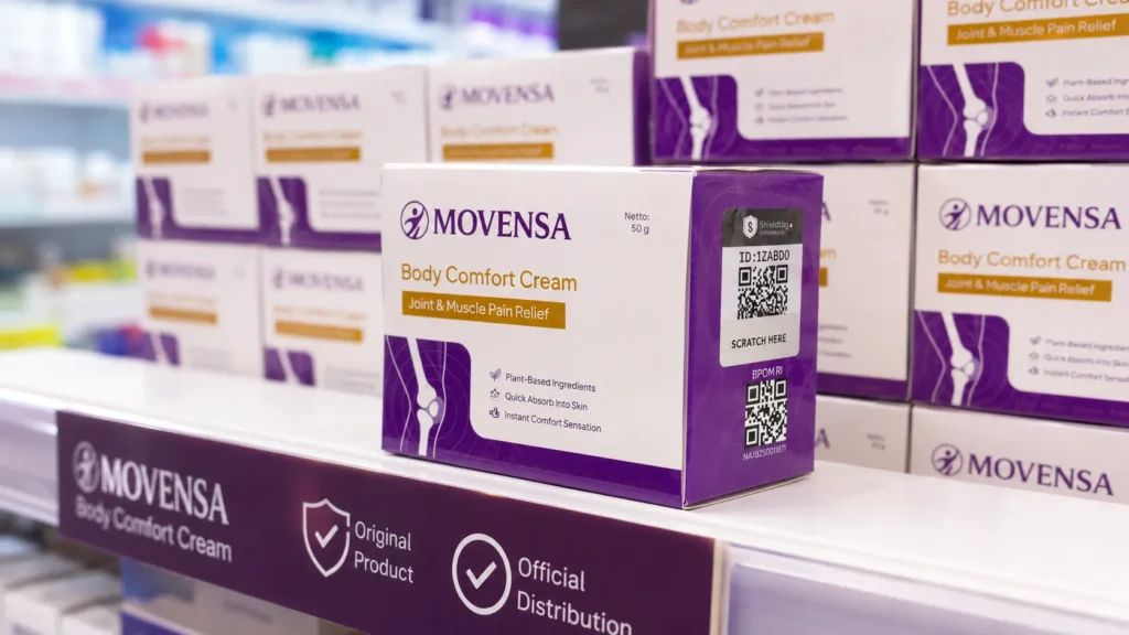 MOVENSA Body Comfort Cream dengan teknologi Shieldtag untuk memastikan keaslian dan kualitas produk pereda nyeri otot