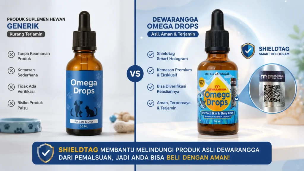 Perbandingan produk suplemen kucing generik tanpa stiker keamanan dan Dewarangga Omega Drops asli dengan Shieldtag.