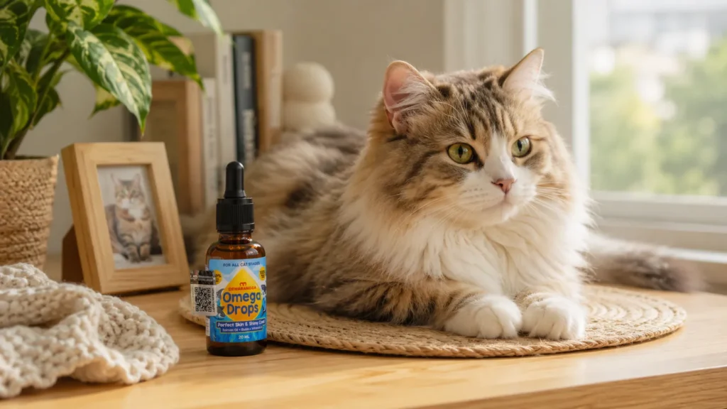 Botol Dewarangga Omega Drops dengan stiker Shieldtag berada di samping kucing sehat dalam suasana rumah yang hangat.