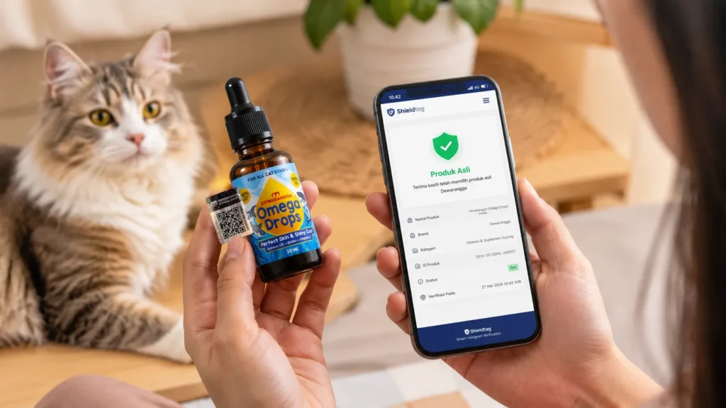 Pemilik kucing memindai QR code Shieldtag pada botol Dewarangga Omega Drops untuk memastikan produk asli.
