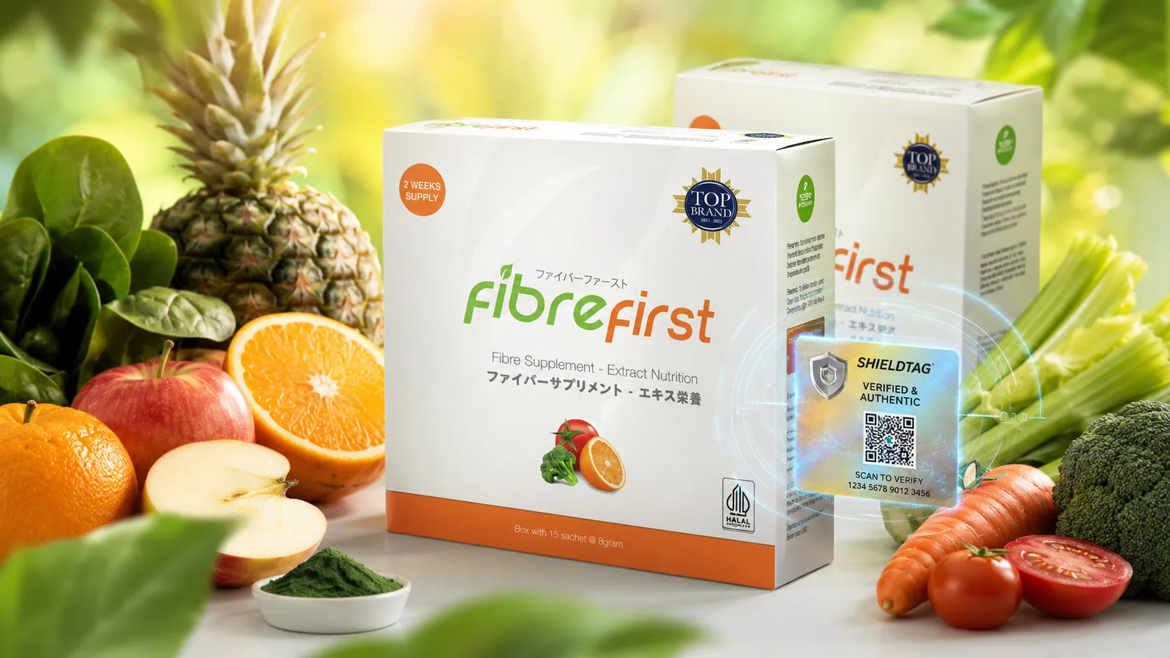 FibreFirst suplemen serat premium dengan stiker hologram Shieldtag dan QR code di antara buah serta sayuran segar.