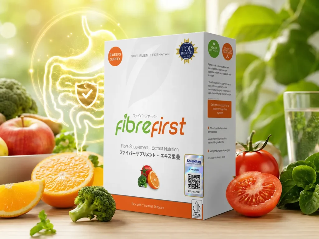 Kemasan FibreFirst dengan visual kesehatan pencernaan, bahan alami, dan stiker Shieldtag sebagai jaminan keaslian produk.