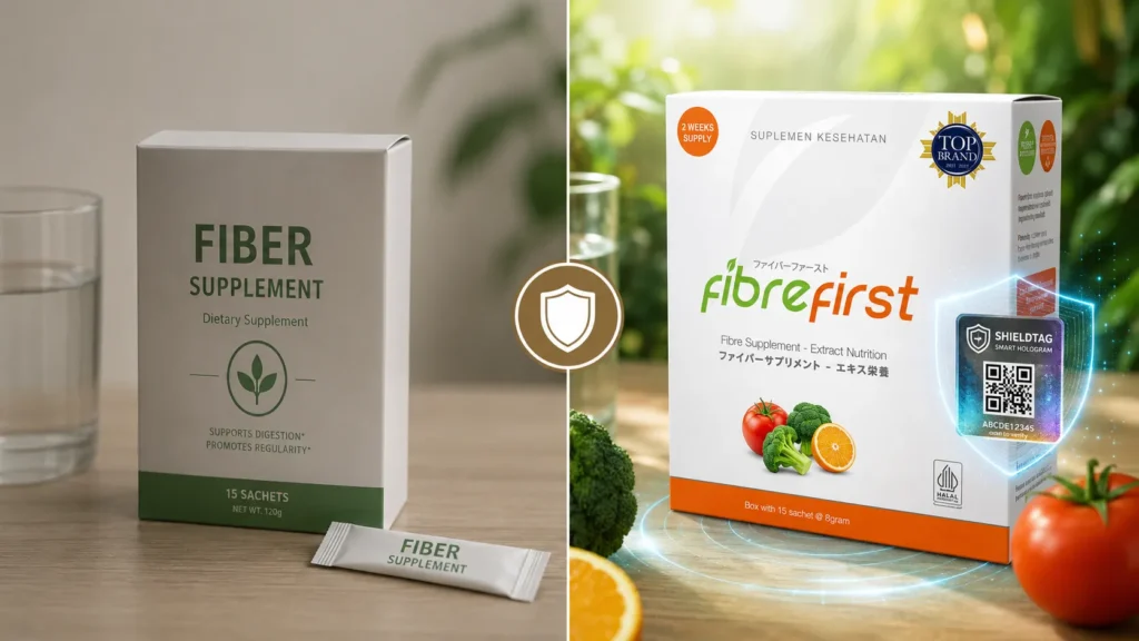 Perbandingan produk suplemen serat biasa tanpa stiker keamanan dan FibreFirst asli dengan stiker hologram Shieldtag.
