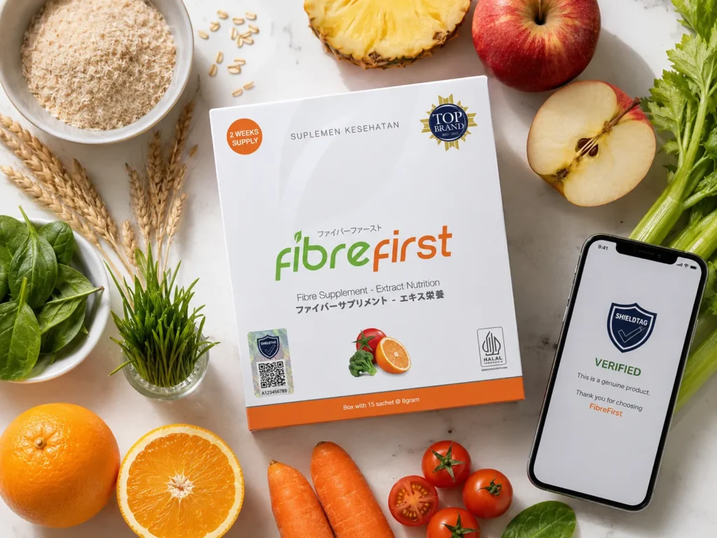 Flat lay kemasan FibreFirst dengan stiker Shieldtag, smartphone verifikasi, psyllium husk, oat, wheatgrass, buah, dan sayuran segar.