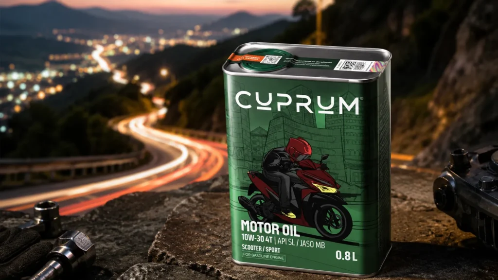 Infografis enam keunggulan CUPRUM Motor Oil meliputi tarikan responsif, mesin lebih dingin, perlindungan aus maksimal, hemat bahan bakar, ramah lingkungan, dan mengurangi biaya perawatan
