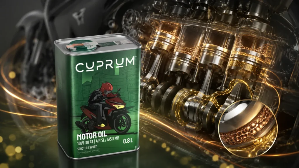 Alt: Ilustrasi teknologi Neol CuGlide CUPRUM Motor Oil yang membentuk lapisan tembaga mikroskopis pada permukaan logam mesin untuk mengurangi gesekan dan keausan