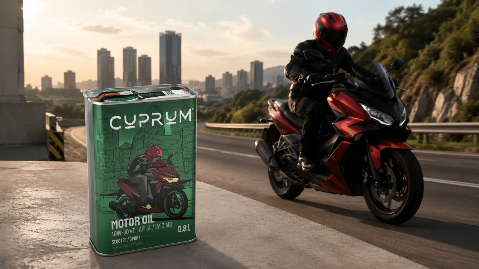 Alt: Botol CUPRUM Motor Oil full synthetic dengan teknologi Neol CuGlide untuk perlindungan mesin motor trail secara maksimal