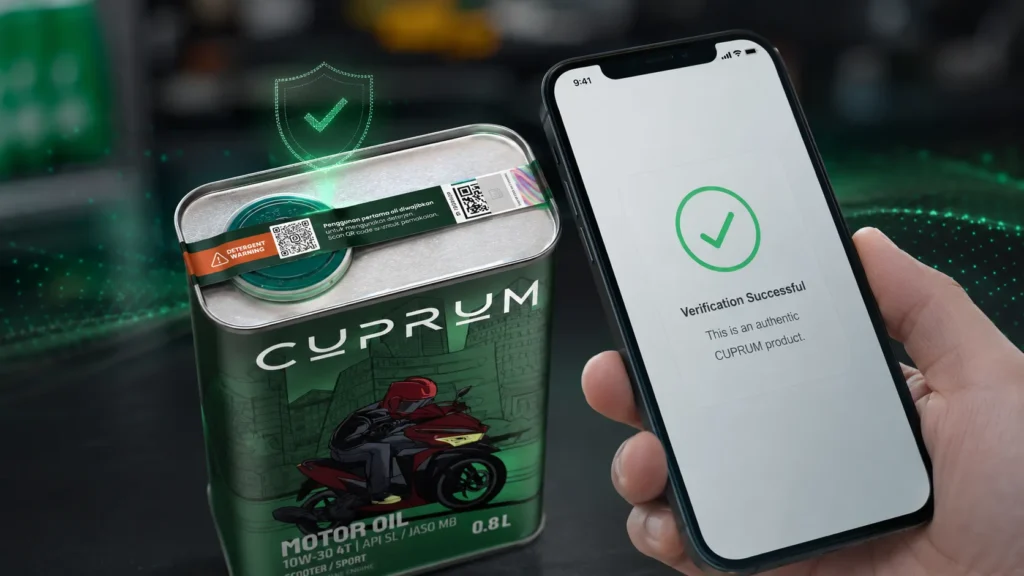 Alt: QR-code dan stiker hologram Shieldtag pada kemasan botol CUPRUM Motor Oil sebagai sistem verifikasi keaslian produk resmi