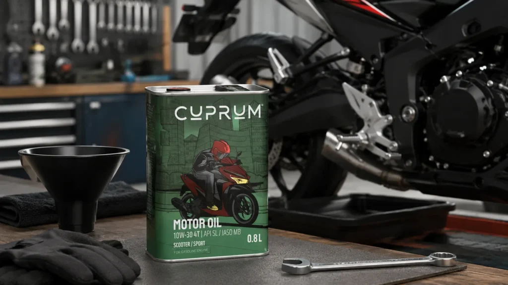 Alt: CUPRUM Motor Oil full synthetic bersertifikat Shieldtag pilihan oli terpercaya untuk mesin motor trail dengan perlindungan teknologi tembaga Neol CuGlide