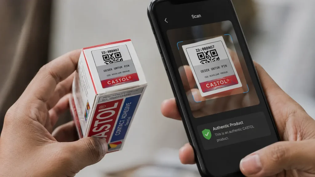 Konsumen memverifikasi keaslian Lem Castol dengan memindai QR-code Shieldtag menggunakan smartphone sebelum menggunakannya