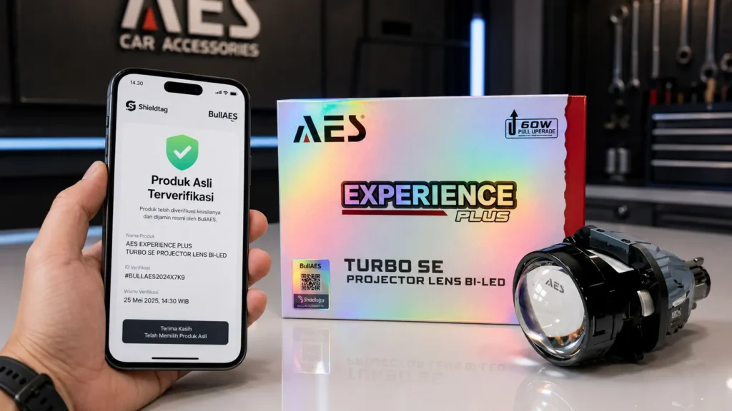 Konsumen memverifikasi keaslian produk BullAES AES dengan memindai QR-code Shieldtag menggunakan smartphone sebelum pemasangan lampu kendaraan