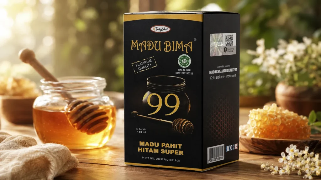 Seseorang menuangkan atau meminum Madu Bima 99 di pagi hari, dicampur air hangat atau diminum langsung.