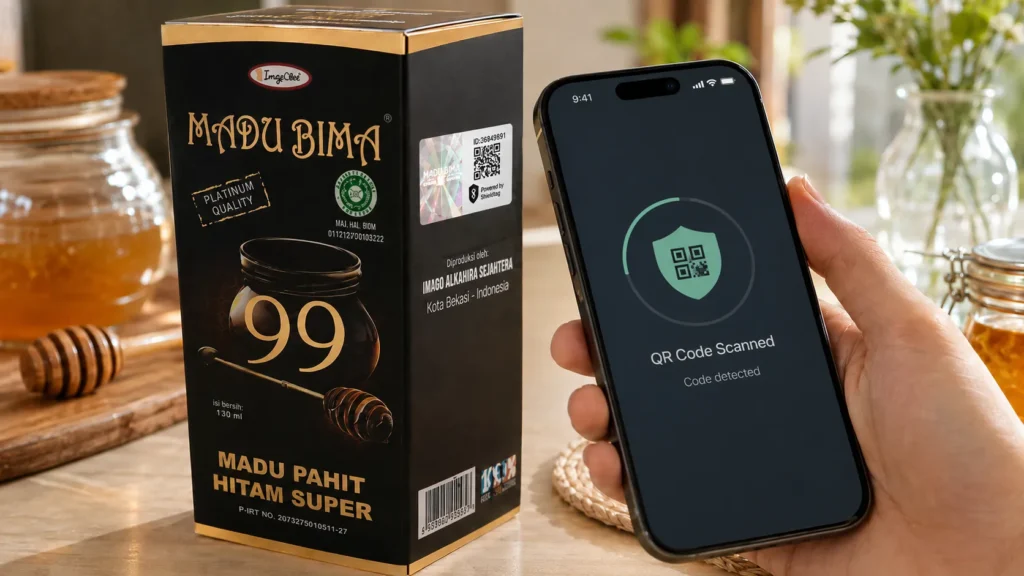 Tangan konsumen memegang smartphone yang sedang memindai QR-code Shieldtag di botol Madu Bima 99.