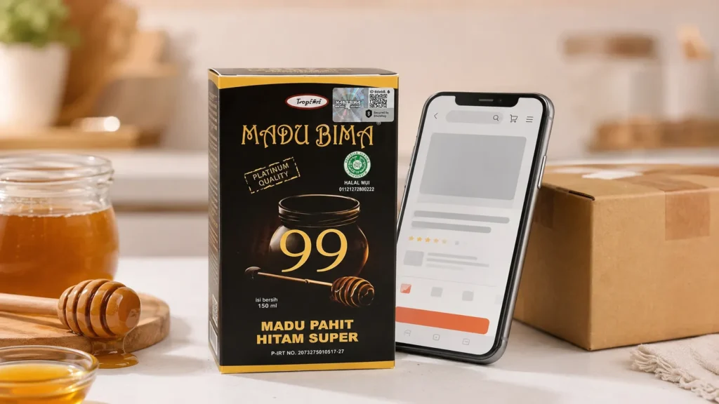 Tampilan layar smartphone yang memperlihatkan konfirmasi produk asli dari sistem Shieldtag setelah proses pemindaian.