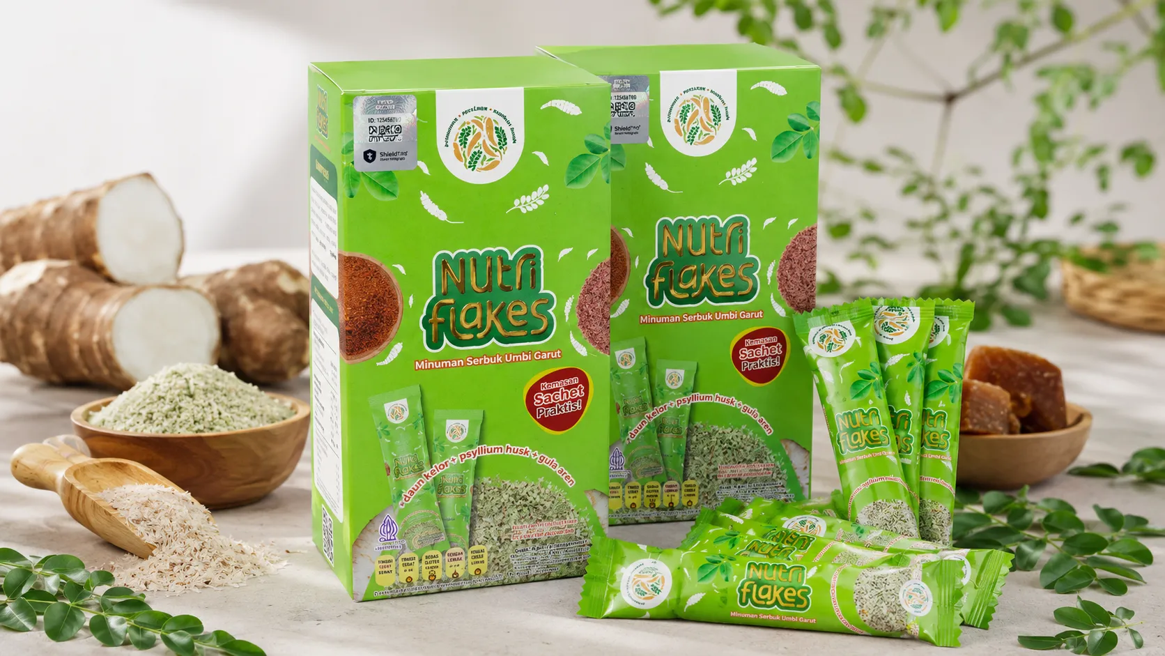 Kemasan Nutriflakes dengan stiker hologram pintar Shieldtag dan sachet produk di atas meja.