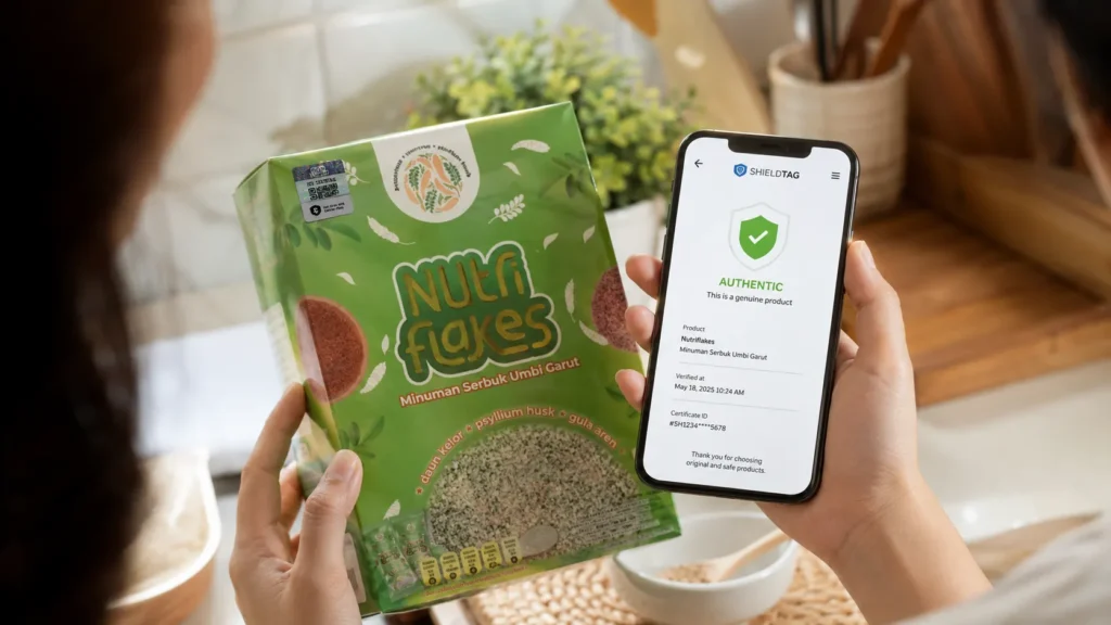Konsumen memindai QR code Shieldtag pada kemasan Nutriflakes untuk memverifikasi keaslian produk.
