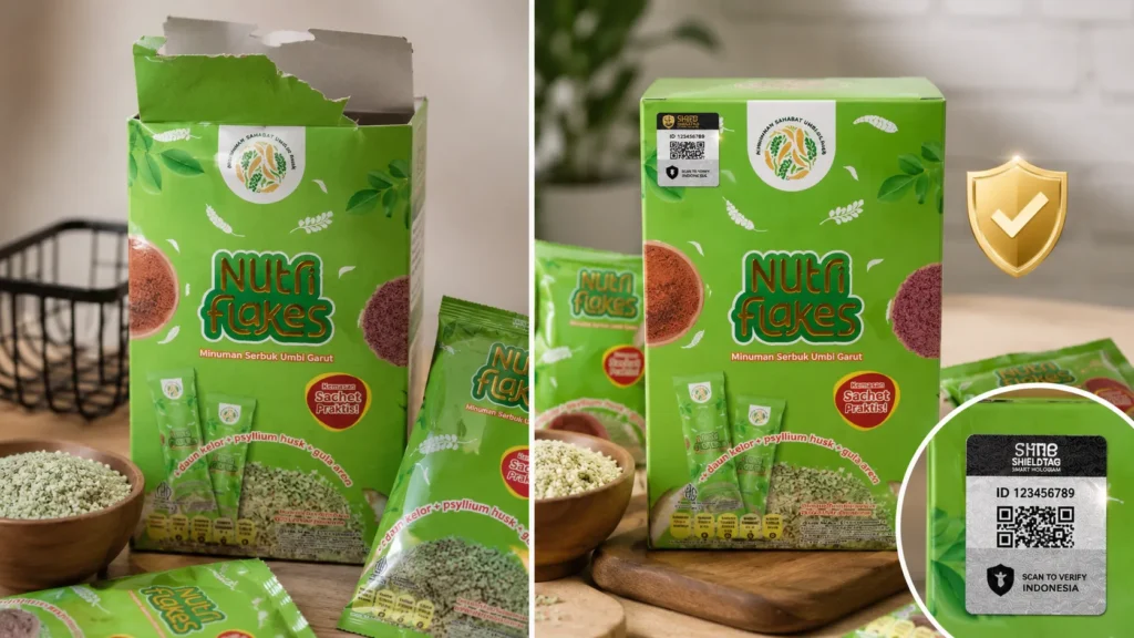 Perbandingan kemasan Nutriflakes tanpa perlindungan dan Nutriflakes dengan stiker Shieldtag.