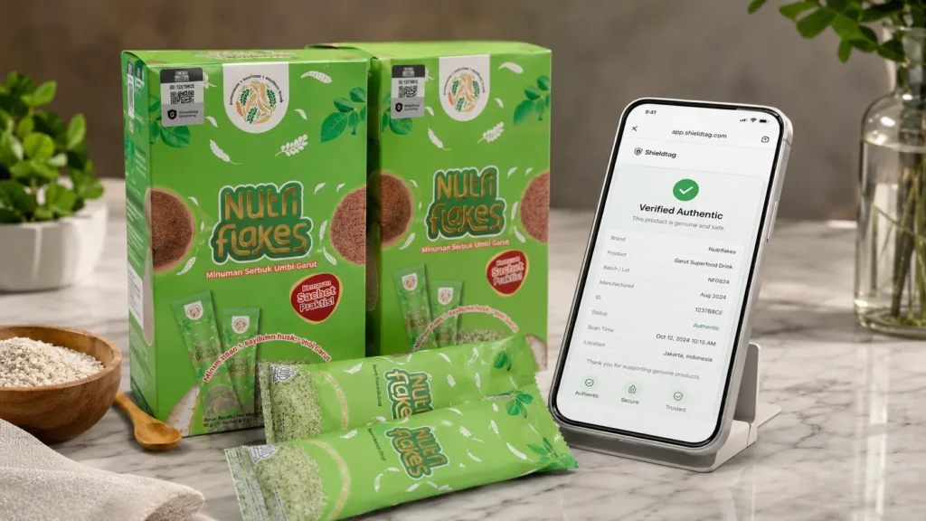 Kemasan Nutriflakes dan layar smartphone yang menampilkan hasil verifikasi produk asli dari Shieldtag.