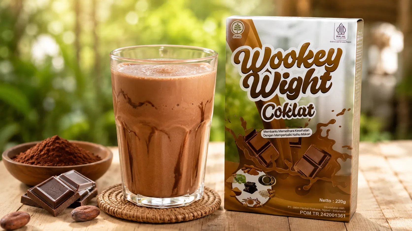 Segelas minuman Wookey Wight Coklat dengan kemasan produk susu kambing etawa rasa cokelat di atas meja kayu.