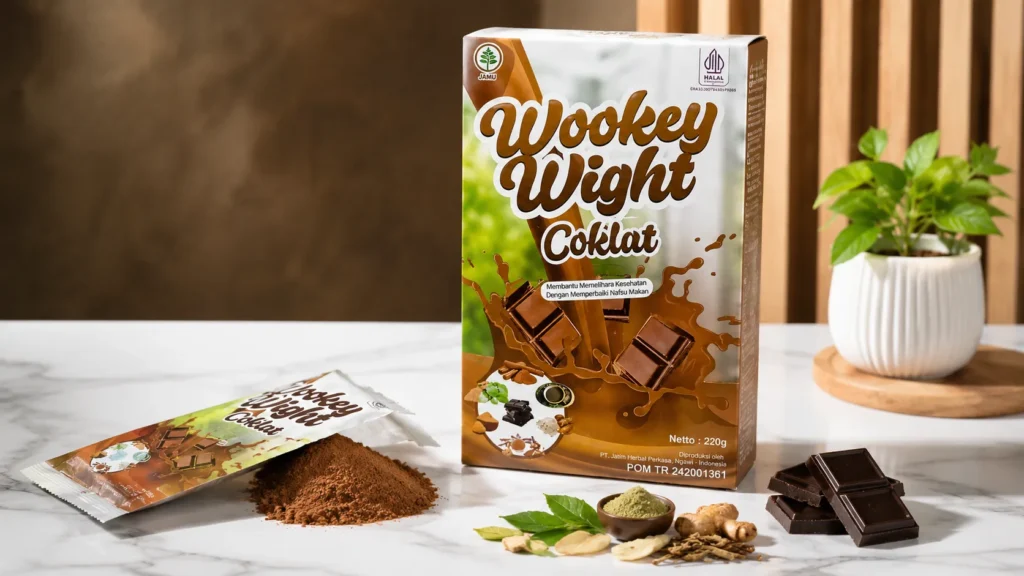 Kemasan Wookey Wight Coklat 220 gram dengan bubuk cokelat, potongan cokelat, dan bahan herbal alami.