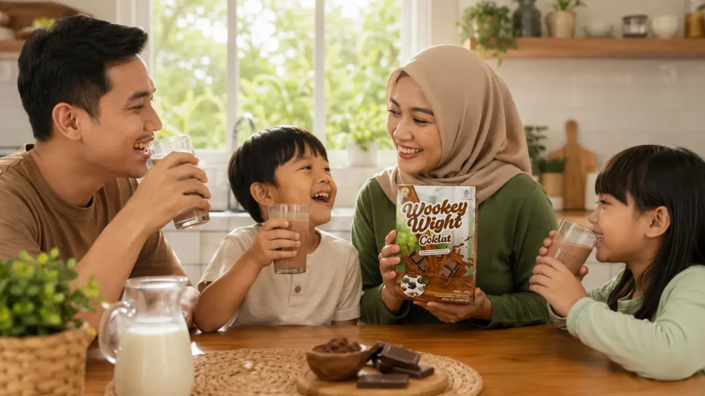 Keluarga Indonesia menikmati minuman Wookey Wight Coklat bersama sebagai minuman bernutrisi di rumah.