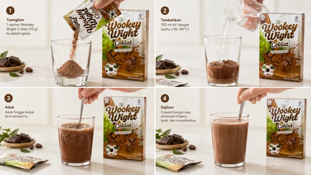 Proses menyeduh Wookey Wight Coklat dengan air hangat hingga larut sempurna dalam gelas.