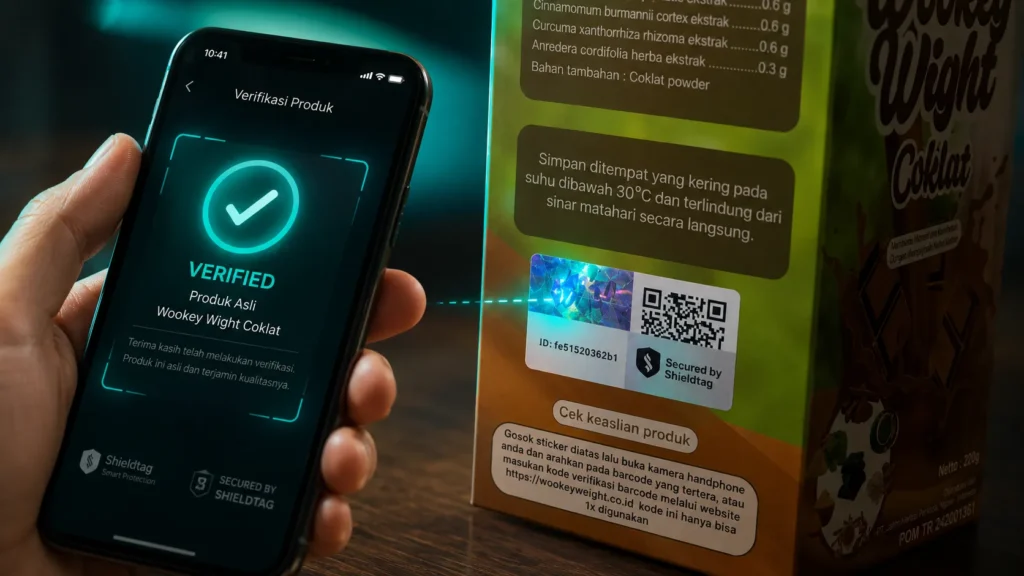 Pengguna memindai QR Code Shieldtag pada kemasan Wookey Wight Coklat untuk memverifikasi keaslian produk.