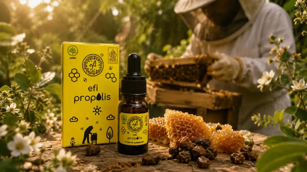Proses pemanenan propolis alami dari sarang lebah Trigona di Kebun Efi yang dilakukan secara higienis untuk menjaga kemurnian dan kualitas senyawa aktif propolis