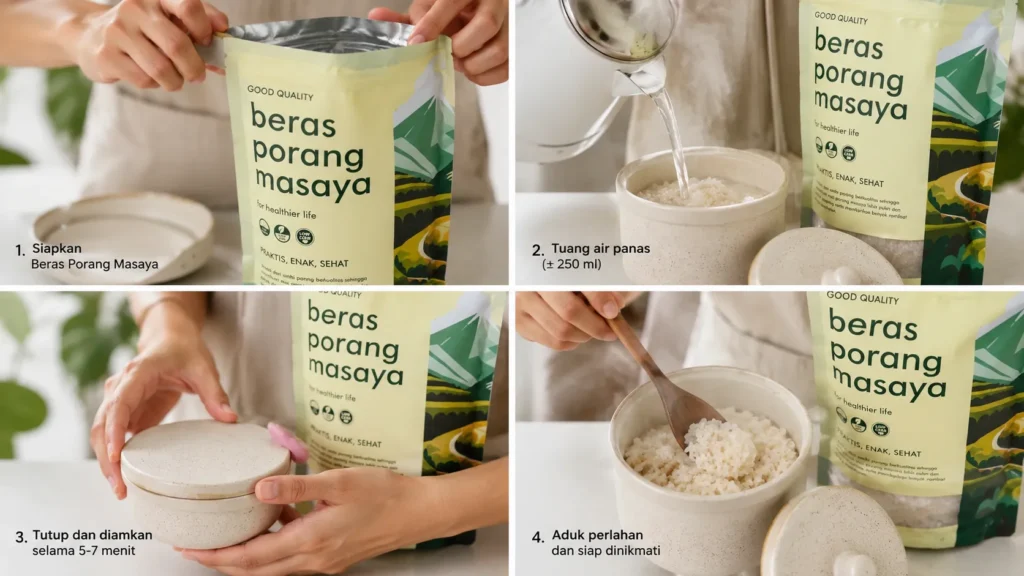 Cara memasak beras porang Masaya dengan menyeduh air panas selama 10 menit