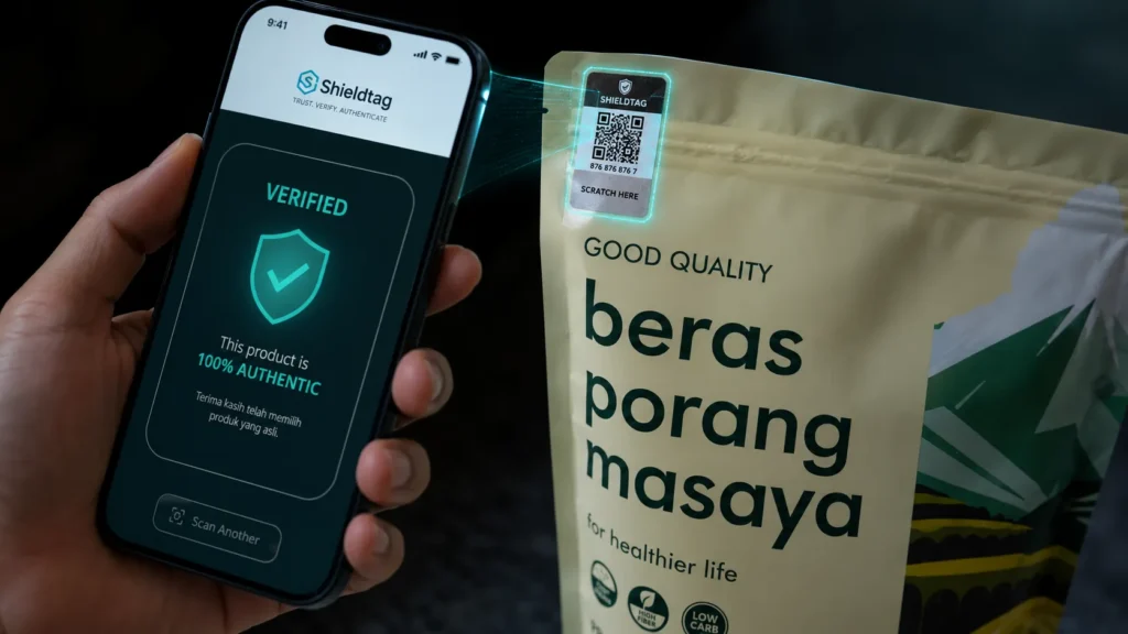 Memindai kode QR Shieldtag pada kemasan beras porang Masaya untuk cek keaslian