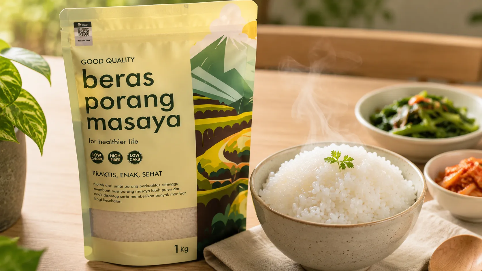 Kemasan 1 kg beras porang Masaya bersama umbi porang dan bulir beras porang mentah