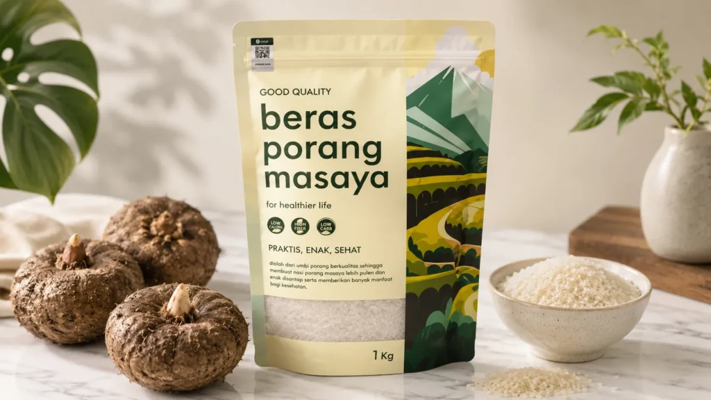 Kemasan 1 kg beras porang Masaya bersama umbi porang dan bulir beras porang mentah