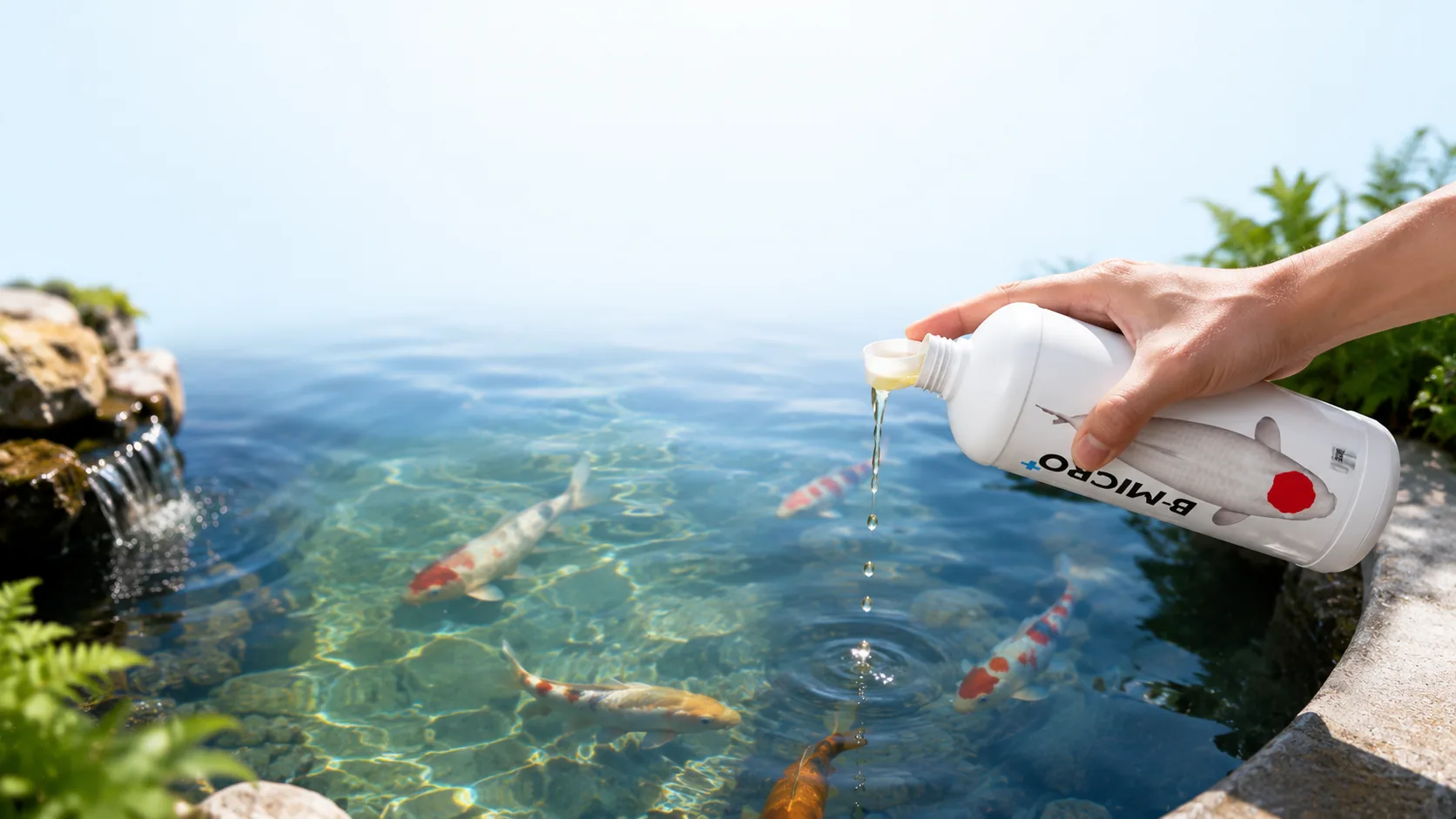 Cara pakai B-Micro+ dituang dengan dosis takar ke kolam ikan koi