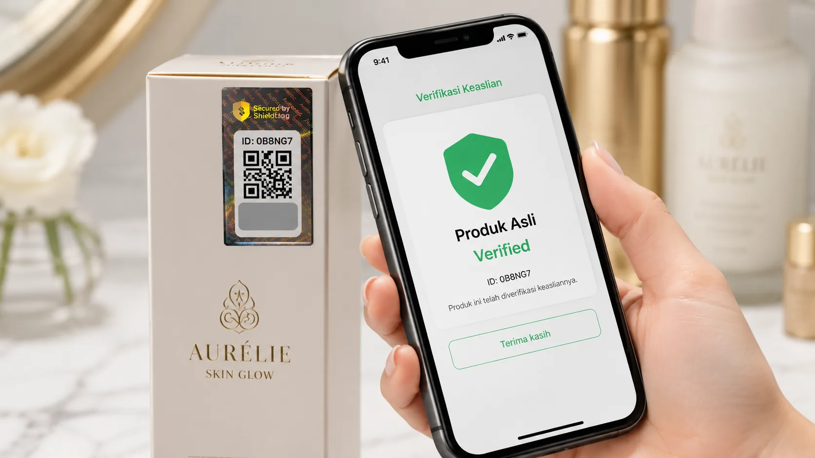 Cara membedakan produk asli dan palsu dengan scan QR code stiker hologram Shieldtag, layar HP menampilkan Produk Asli Verified