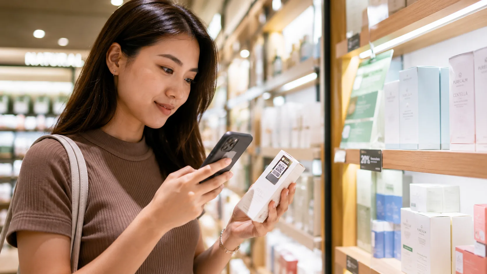 Konsumen mengecek keaslian produk dengan memindai QR code stiker hologram memakai smartphone saat belanja di toko