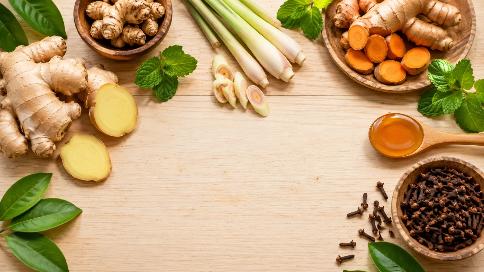 Bahan alami herbal seperti jahe, serai, kunyit, dan madu yang mendukung kesehatan pernapasan dalam Fixme