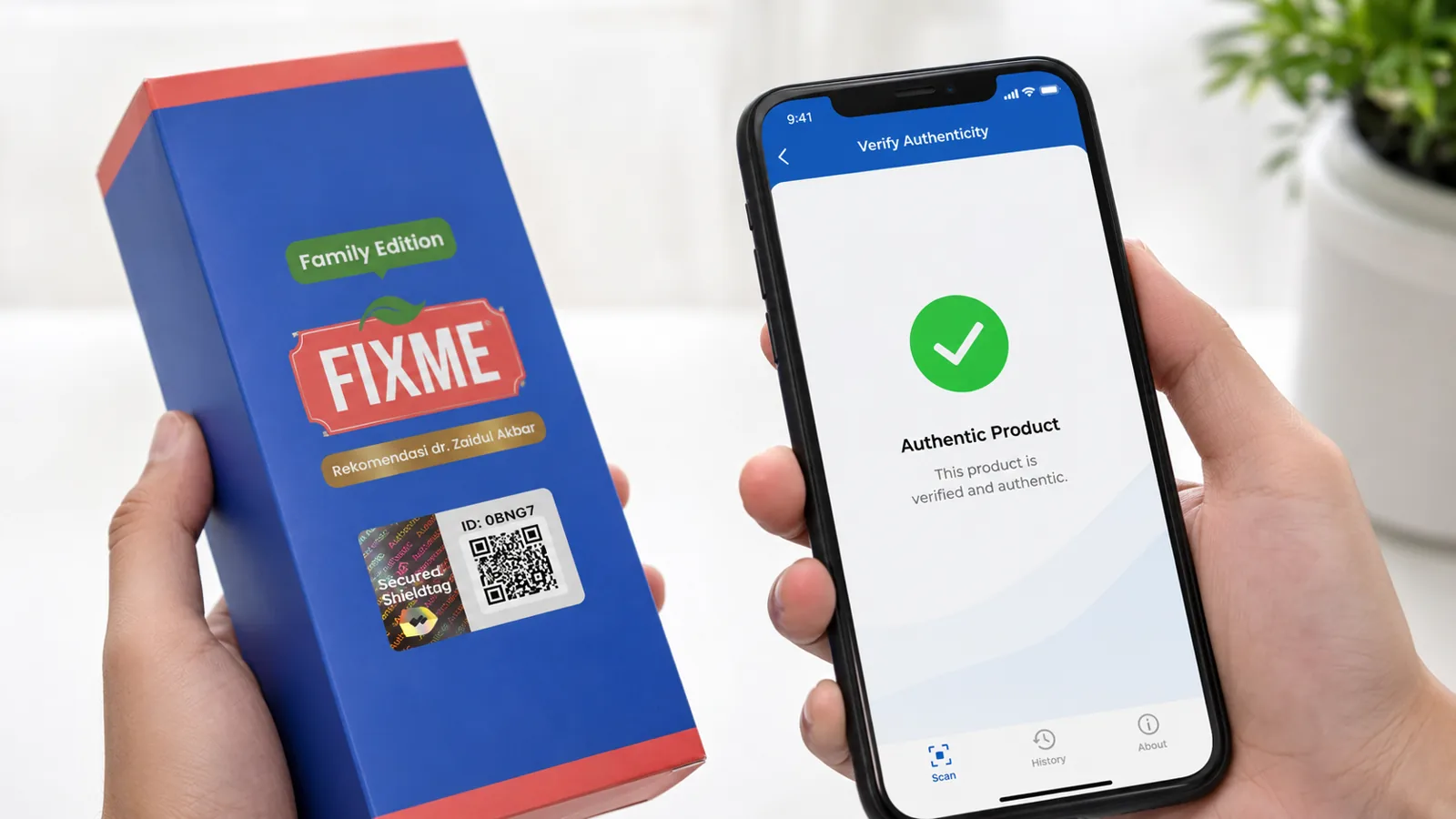 Verifikasi keaslian Fixme dengan memindai QR pada stiker hologram Shieldtag hingga muncul konfirmasi produk asli