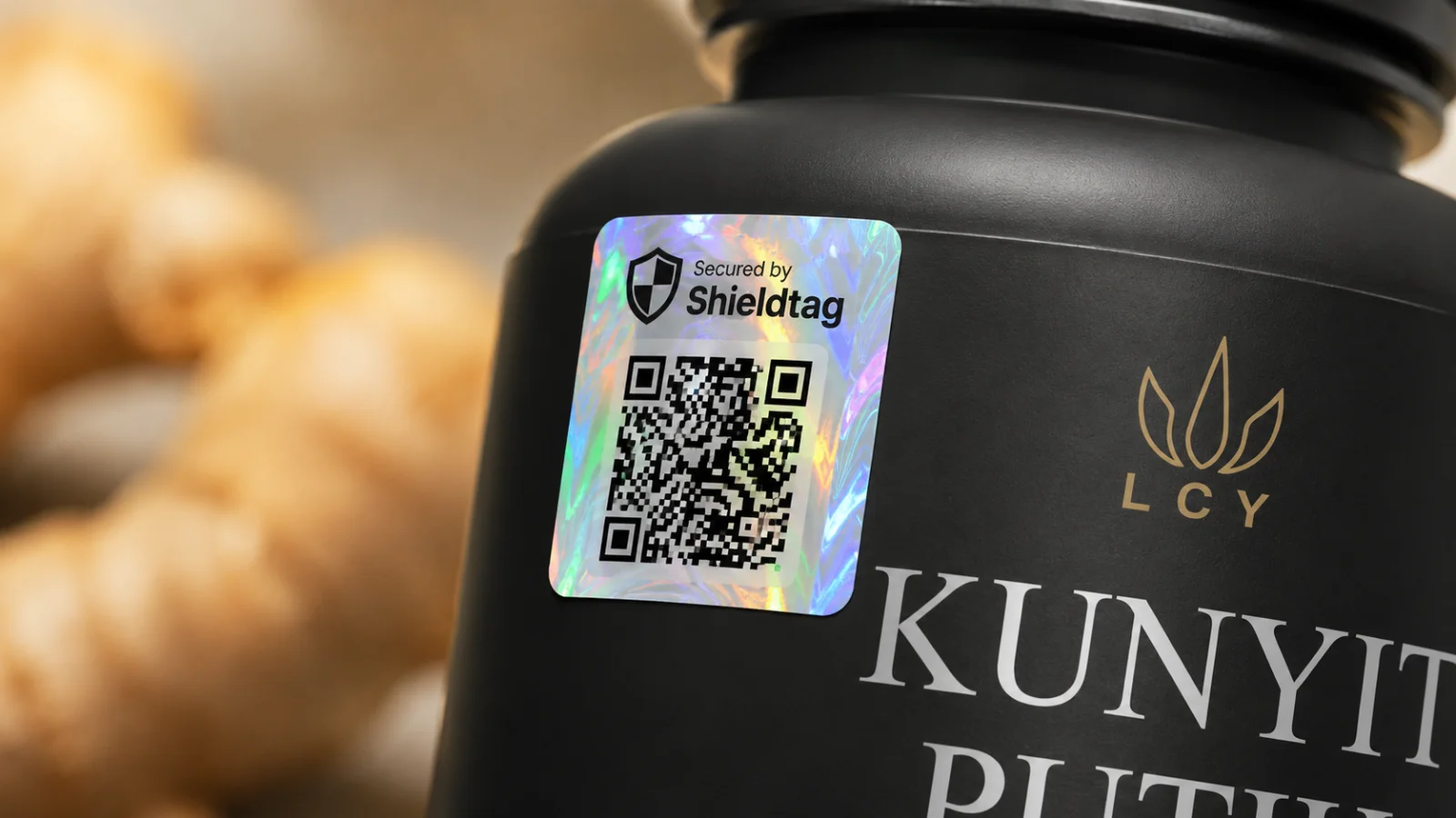 Close-up stiker hologram QR Secured by Shieldtag pada botol LCY Kunyit Putih