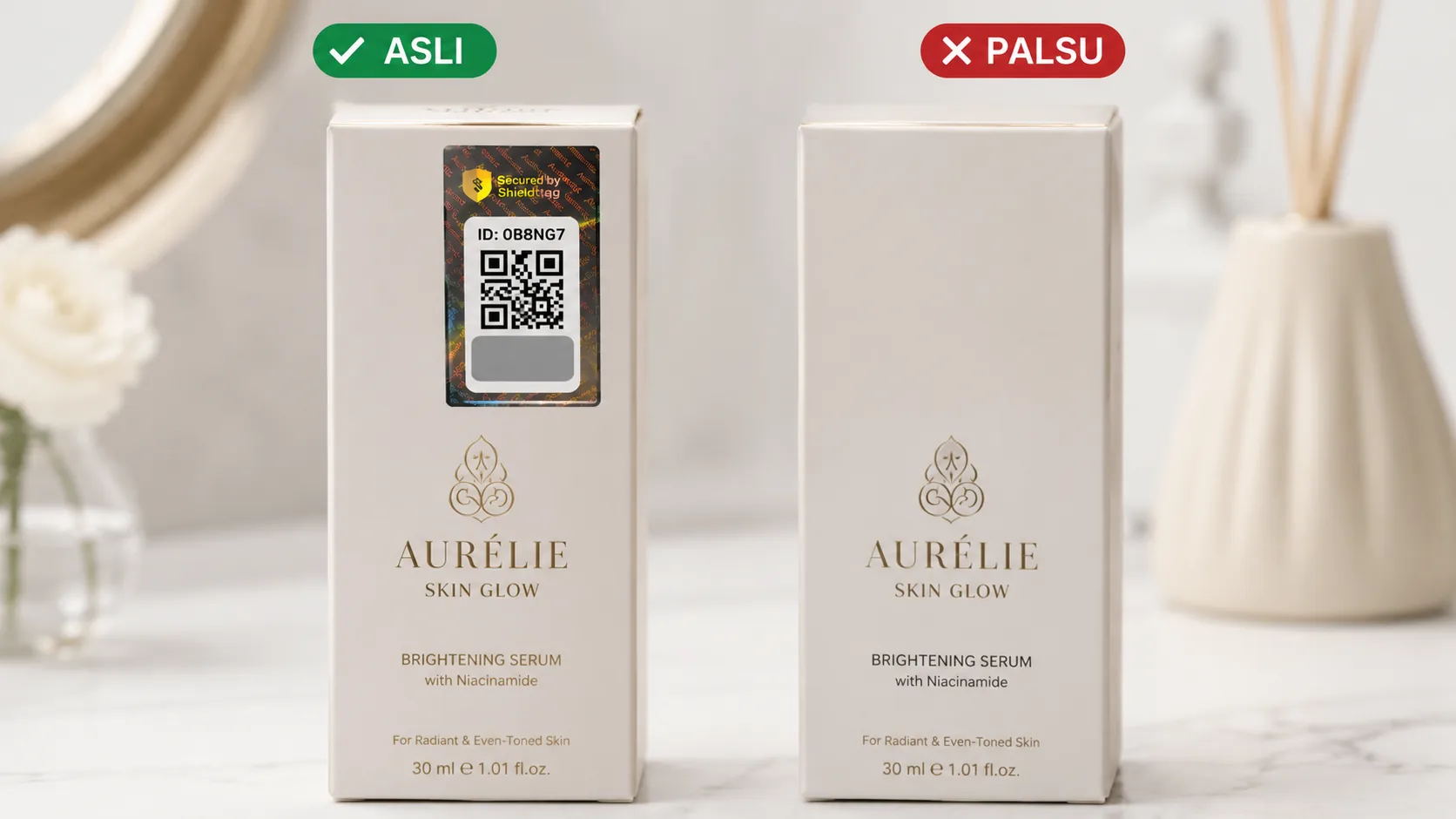 Perbandingan kemasan produk asli (ada stiker hologram Shieldtag) dan produk palsu tanpa stiker keaslian