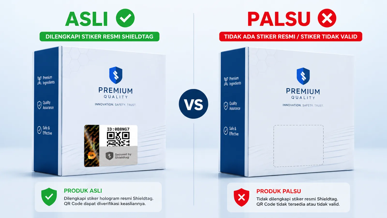 Perbandingan produk asli ber-stiker Shieldtag vs produk palsu
