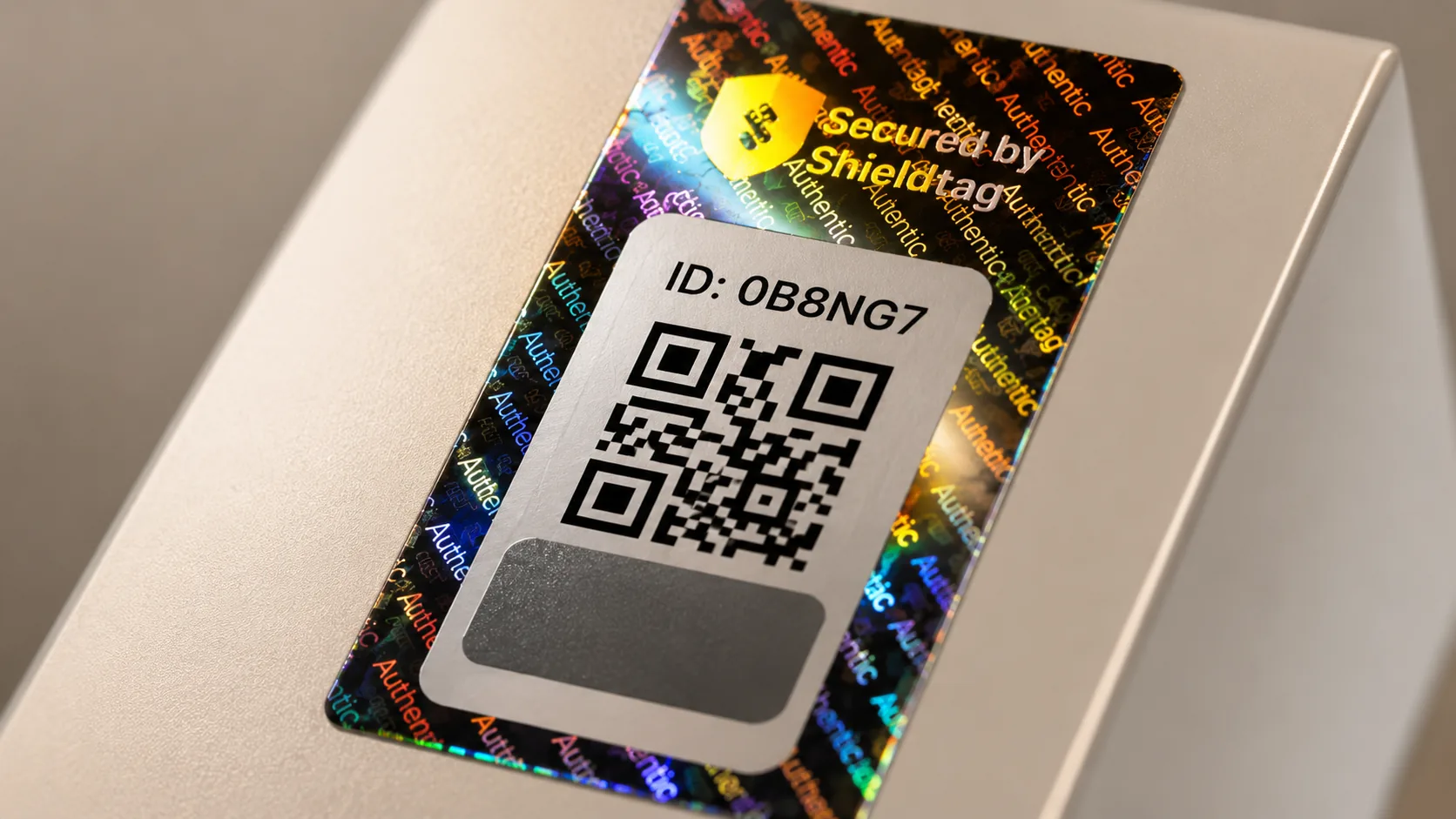 Close-up stiker hologram QR code keaslian Shieldtag dengan panel gosok PIN pada kemasan produk