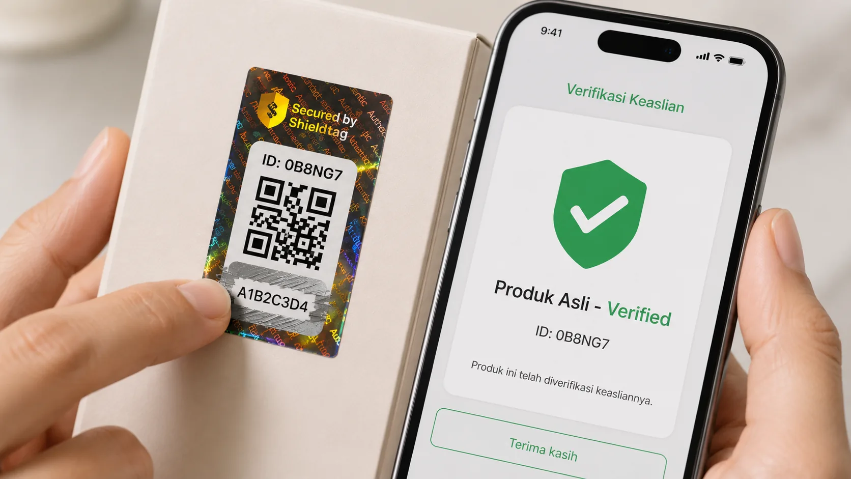 Panel gosok stiker hologram Shieldtag menampilkan kode PIN dan layar HP menunjukkan hasil verifikasi Produk Asli