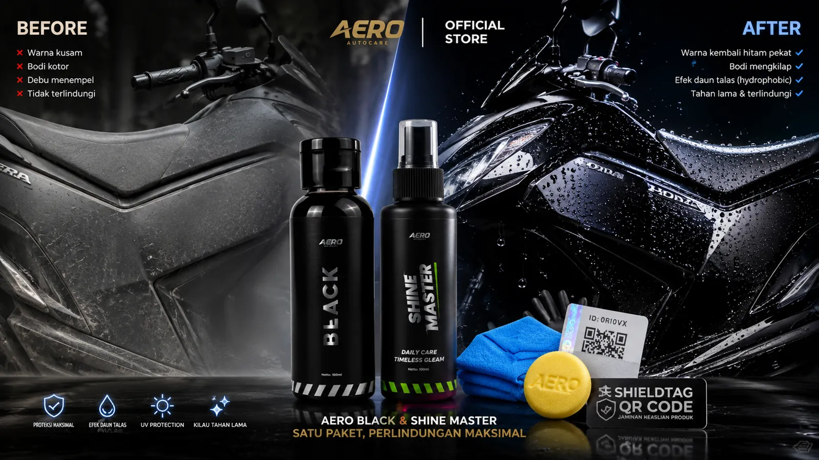 Perbandingan bodi motor kusam sebelum dan hitam mengkilap setelah pakai Aero Black & Shine Master
