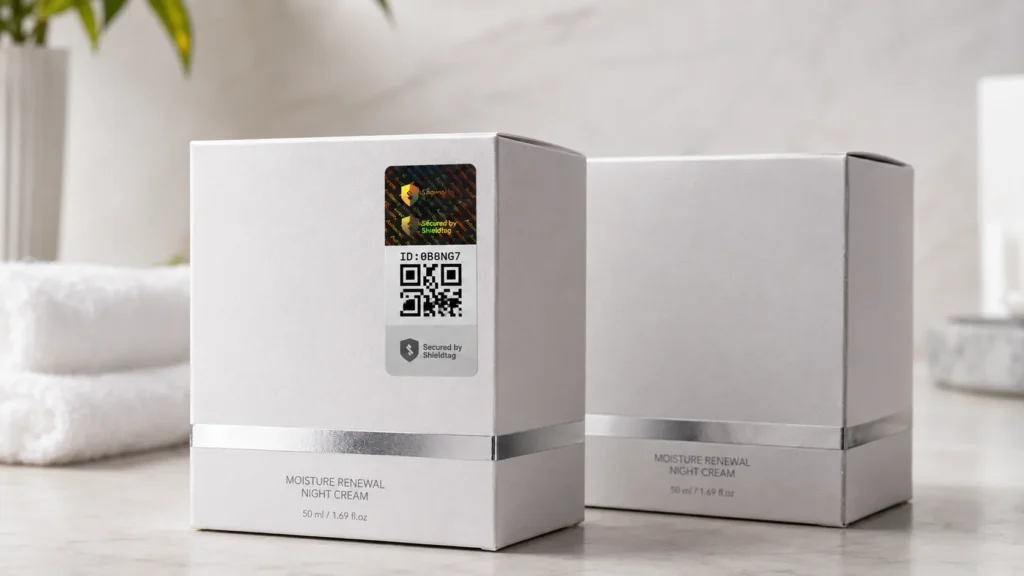 Dua kotak night cream, satu dilengkapi stiker hologram QR code Shieldtag dengan ID unik untuk cek keaslian produk